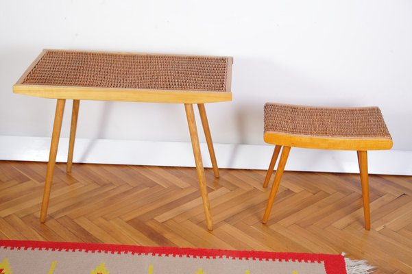 Mid-Century Ash and Wickerwork Side Table and Stool from Uluv, 1960s, Set of 2-IND-1328350