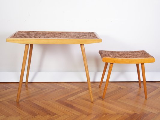 Mid-Century Ash and Wickerwork Side Table and Stool from Uluv, 1960s, Set of 2-IND-1328350