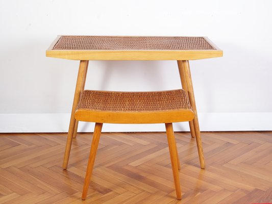 Mid-Century Ash and Wickerwork Side Table and Stool from Uluv, 1960s, Set of 2-IND-1328350