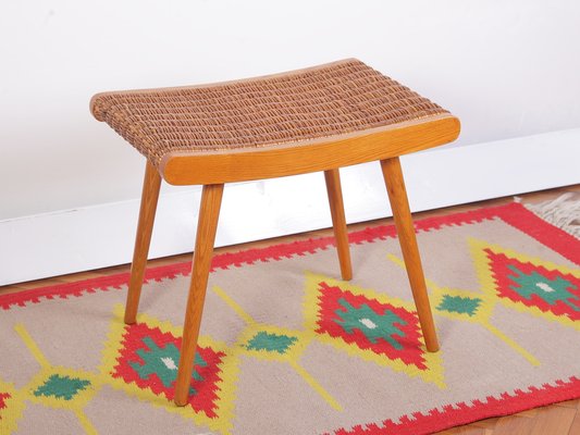 Mid-Century Ash and Wickerwork Side Table and Stool from Uluv, 1960s, Set of 2-IND-1328350