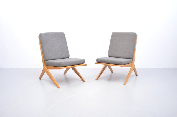 Mid-Century Ash Scissor Chairs with Back Part in Sisal Attributed to Pierre Jeanneret, Set of 2-ZE-742510