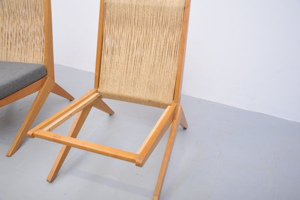 Mid-Century Ash Scissor Chairs with Back Part in Sisal Attributed to Pierre Jeanneret, Set of 2-ZE-742510