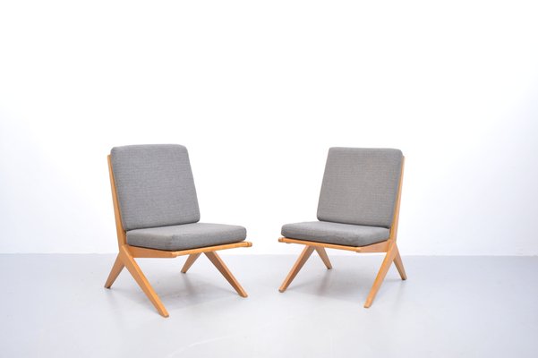 Mid-Century Ash Scissor Chairs with Back Part in Sisal Attributed to Pierre Jeanneret, Set of 2-ZE-742510