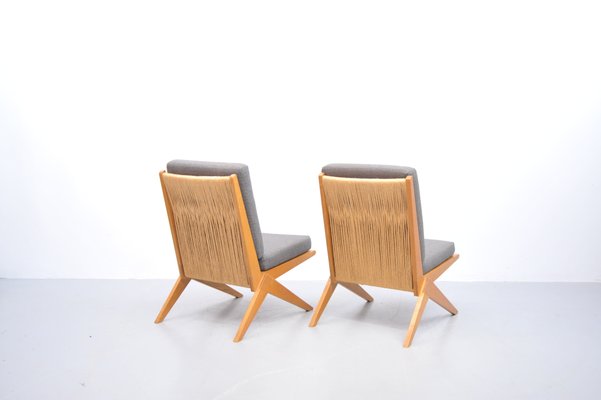 Mid-Century Ash Scissor Chairs with Back Part in Sisal Attributed to Pierre Jeanneret, Set of 2-ZE-742510