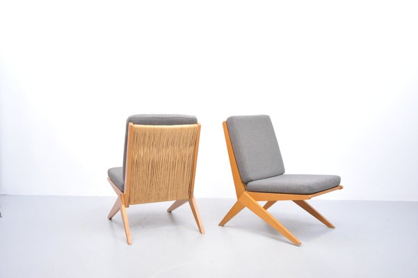 Mid-Century Ash Scissor Chairs with Back Part in Sisal Attributed to Pierre Jeanneret, Set of 2-ZE-742510