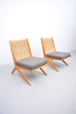 Mid-Century Ash Scissor Chairs with Back Part in Sisal Attributed to Pierre Jeanneret, Set of 2-ZE-742510