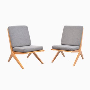 Mid-Century Ash Scissor Chairs with Back Part in Sisal Attributed to Pierre Jeanneret, Set of 2-ZE-742510