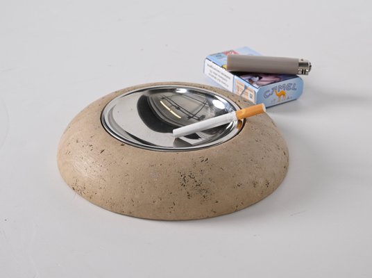 Mid-Century Ashtray in Travertine, Marble and Steel from Mannelli, Italy, 1970s-JDR-1328683