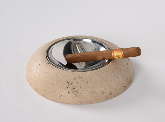 Mid-Century Ashtray in Travertine, Marble and Steel from Mannelli, Italy, 1970s-JDR-1328683