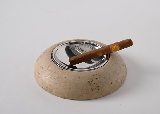 Mid-Century Ashtray in Travertine, Marble and Steel from Mannelli, Italy, 1970s-JDR-1328683