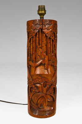 Mid-Century Asian Living Room Table Lamp in Carved Wood, 1940s-XNH-754028