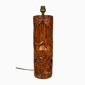 Mid-Century Asian Living Room Table Lamp in Carved Wood, 1940s-XNH-754028