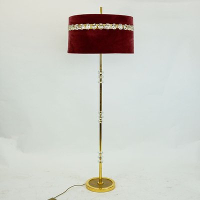 Mid-Century Austrian Brass and Crystal Glass Floor Lamp with Red Velvet Shade-MH-809190