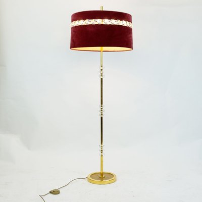 Mid-Century Austrian Brass and Crystal Glass Floor Lamp with Red Velvet Shade-MH-809190