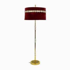 Mid-Century Austrian Brass and Crystal Glass Floor Lamp with Red Velvet Shade-MH-809190