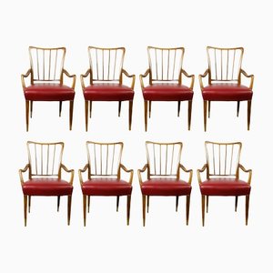 Mid-Century Austrian Walnut and Red Leather Dining Armchairs by Oswald Haerdtl, Set of 8-MH-1181703