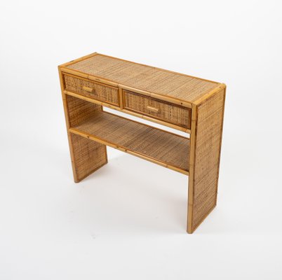 Mid-Century Bamboo and Rattan Console Table with Drawers, 1970s-LYQ-1791989