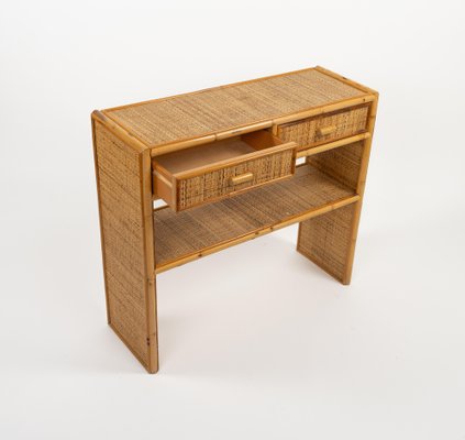 Mid-Century Bamboo and Rattan Console Table with Drawers, 1970s-LYQ-1791989