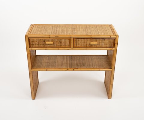 Mid-Century Bamboo and Rattan Console Table with Drawers, 1970s-LYQ-1791989