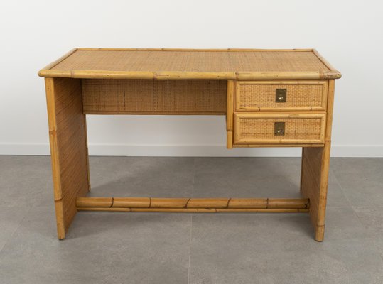 Mid-Century Bamboo, Rattan & Wicker Writing Desk Table attributed to Dal Vera, Italy, 1960s-LYQ-1814052