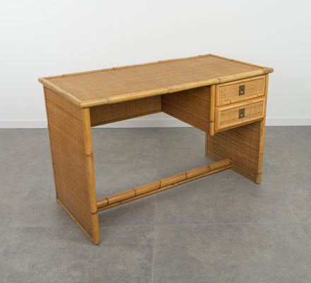 Mid-Century Bamboo, Rattan & Wicker Writing Desk Table attributed to Dal Vera, Italy, 1960s-LYQ-1814052