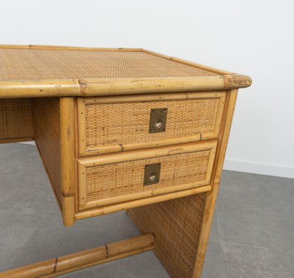 Mid-Century Bamboo, Rattan & Wicker Writing Desk Table attributed to Dal Vera, Italy, 1960s-LYQ-1814052