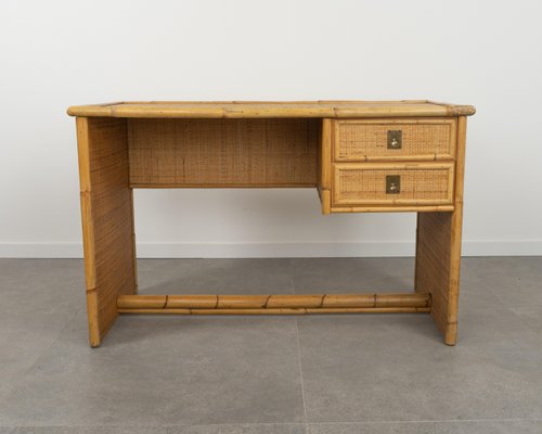 Mid-Century Bamboo, Rattan & Wicker Writing Desk Table attributed to Dal Vera, Italy, 1960s-LYQ-1814052