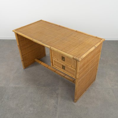 Mid-Century Bamboo, Rattan & Wicker Writing Desk Table attributed to Dal Vera, Italy, 1960s-LYQ-1814052