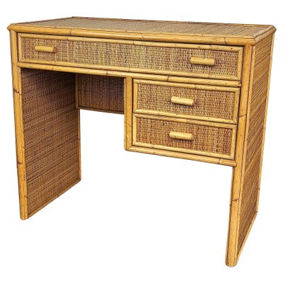 Mid-Century Bamboo, Wood and Rattan Writing Desk with Drawers, Italy, 1970s-EUP-1281594