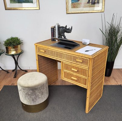 Mid-Century Bamboo, Wood and Rattan Writing Desk with Drawers, Italy, 1970s-EUP-1281594