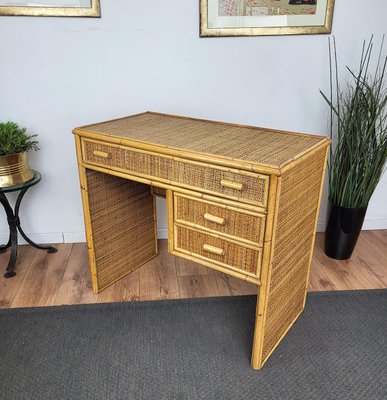 Mid-Century Bamboo, Wood and Rattan Writing Desk with Drawers, Italy, 1970s-EUP-1281594