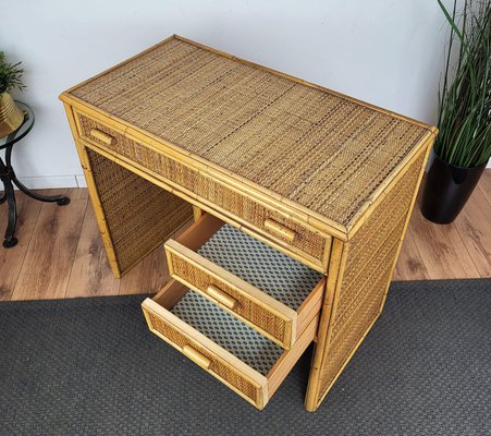 Mid-Century Bamboo, Wood and Rattan Writing Desk with Drawers, Italy, 1970s-EUP-1281594