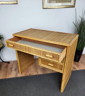 Mid-Century Bamboo, Wood and Rattan Writing Desk with Drawers, Italy, 1970s-EUP-1281594