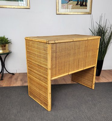 Mid-Century Bamboo, Wood and Rattan Writing Desk with Drawers, Italy, 1970s-EUP-1281594