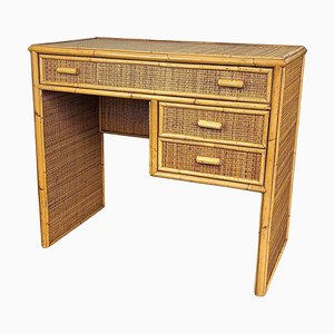 Mid-Century Bamboo, Wood and Rattan Writing Desk with Drawers, Italy, 1970s-EUP-1281594