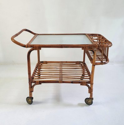 Mid Century Bar Cart in Bamboo and Rattan, Italy, 1950s-FO-1274081