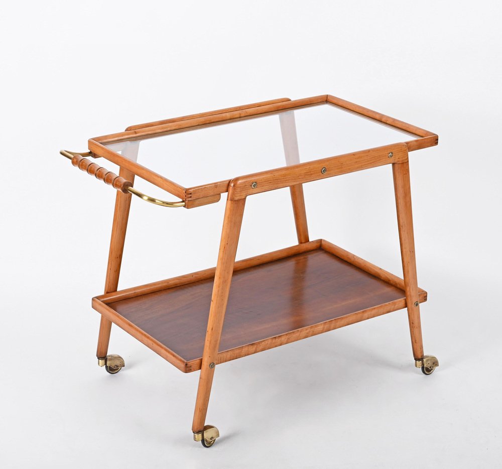 Mid-Century Bar Cart in Beech, Brass and Glass by Cesare Lacca, Italy, 1960s