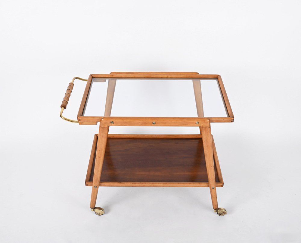 Mid-Century Bar Cart in Beech, Brass and Glass by Cesare Lacca, Italy, 1960s