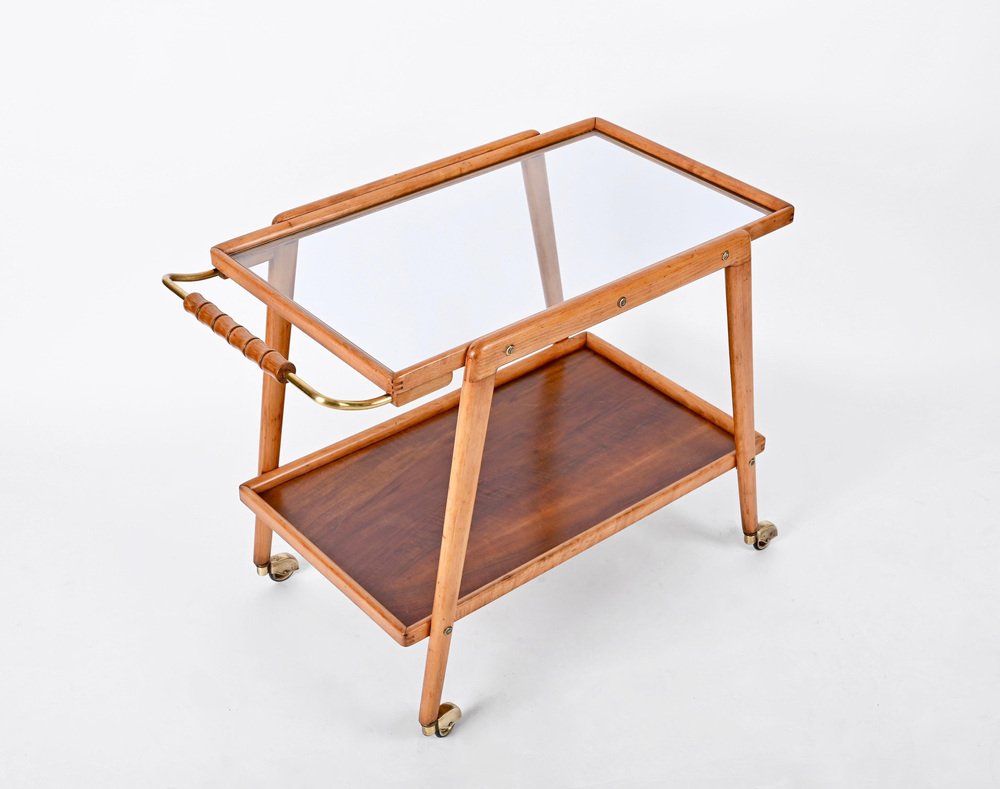 Mid-Century Bar Cart in Beech, Brass and Glass by Cesare Lacca, Italy, 1960s