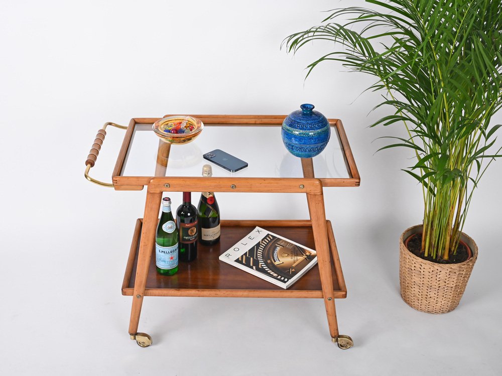 Mid-Century Bar Cart in Beech, Brass and Glass by Cesare Lacca, Italy, 1960s