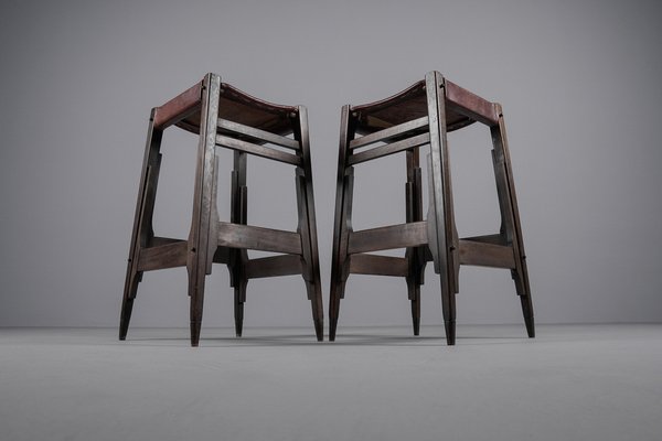 Mid-Century Bar Stools in Wood and Leather by Werner Biermann for Arte Sano, Set of 2-KQB-1750265