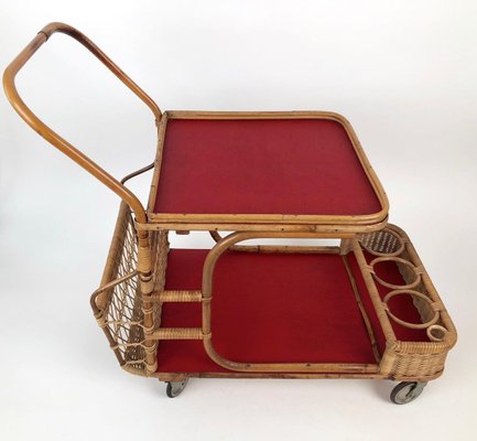 Mid-Century Bar Wagon in Wicker with Red Shelves, 1950s-BAF-763396