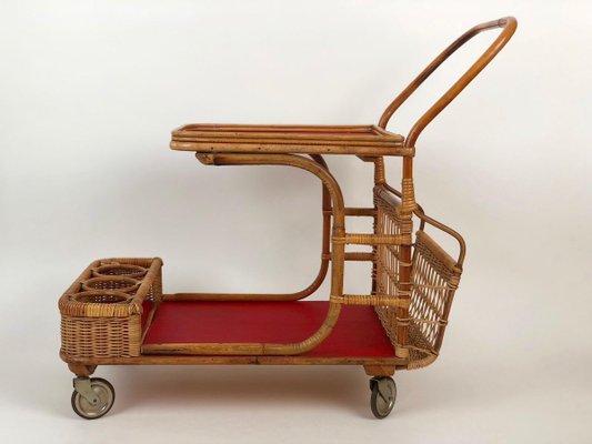 Mid-Century Bar Wagon in Wicker with Red Shelves, 1950s-BAF-763396