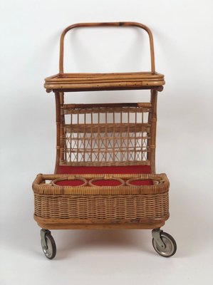 Mid-Century Bar Wagon in Wicker with Red Shelves, 1950s-BAF-763396