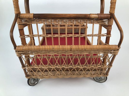 Mid-Century Bar Wagon in Wicker with Red Shelves, 1950s-BAF-763396