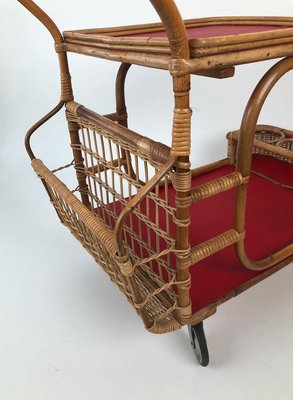 Mid-Century Bar Wagon in Wicker with Red Shelves, 1950s-BAF-763396