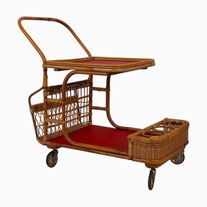 Mid-Century Bar Wagon in Wicker with Red Shelves, 1950s-BAF-763396