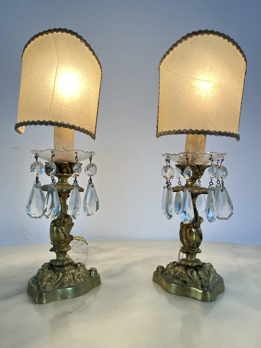 Mid-Century Bedside Lamps in Brass and Crystal in the style of Maison Bagués, 1950s, Set of 2