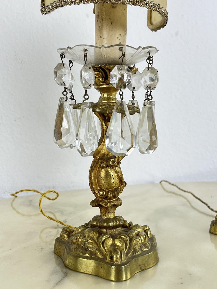 Mid-Century Bedside Lamps in Brass and Crystal in the style of Maison Bagués, 1950s, Set of 2