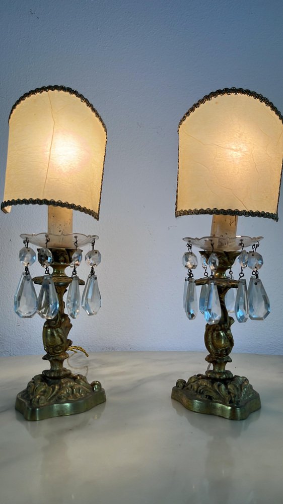 Mid-Century Bedside Lamps in Brass and Crystal in the style of Maison Bagués, 1950s, Set of 2